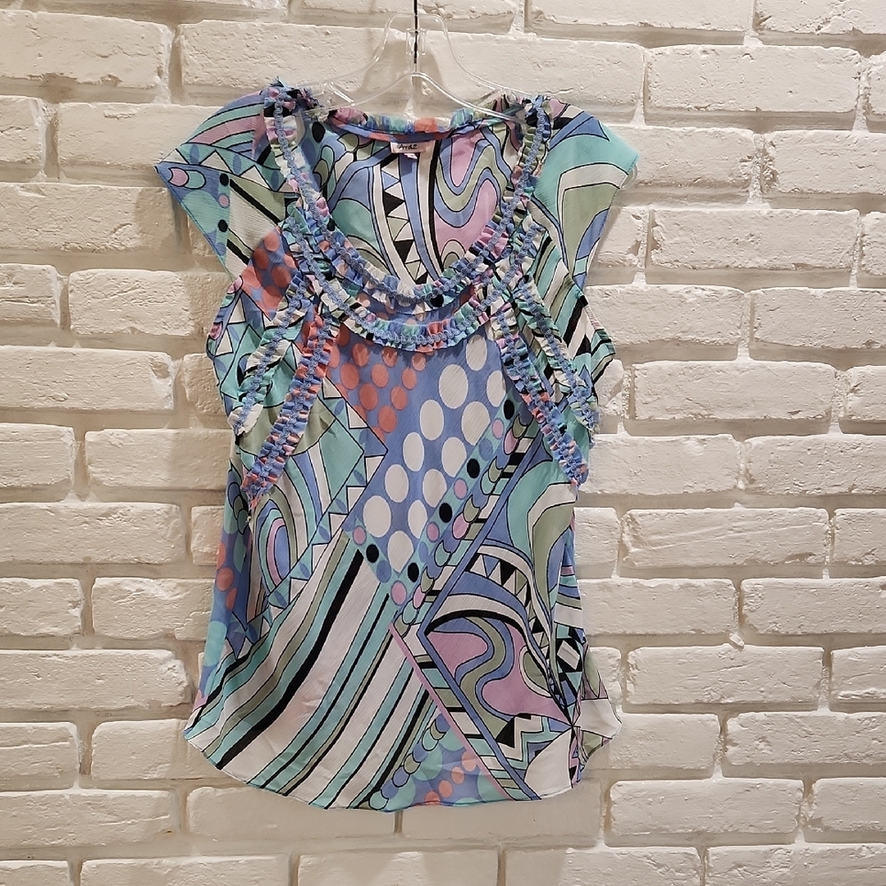 Araz Blue Ruffled Flutter Sleeve Blouse. Size Large